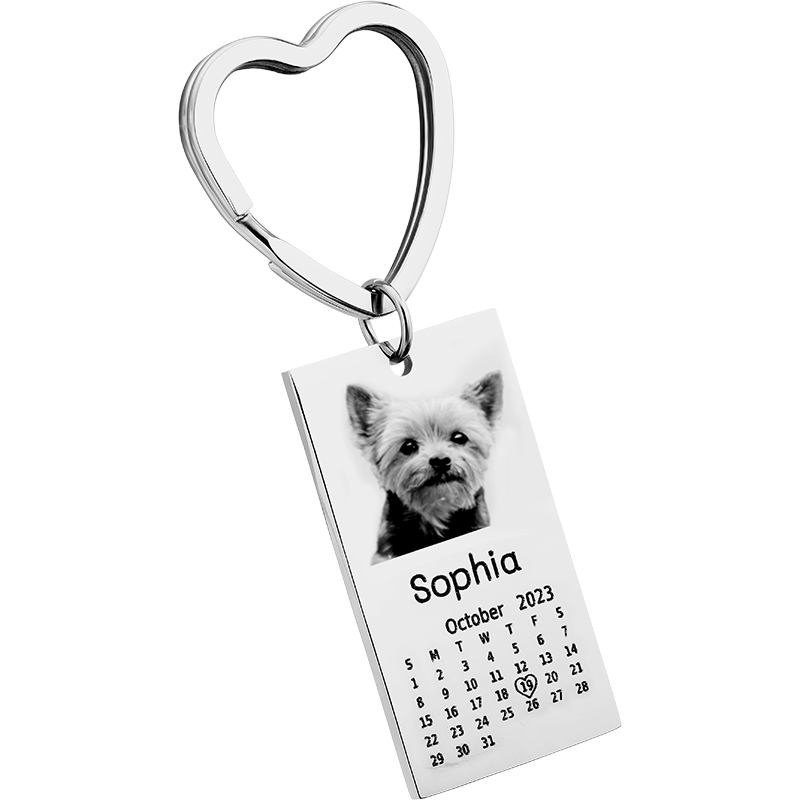 Porte-clés Gravé avec Photo Chien ou Chat, Texte et Calendrier
