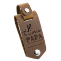 Porte clé photo personnalisé en cuir gris avec message gravé « je t’aime papa » et espace pour ajouter le prénom.