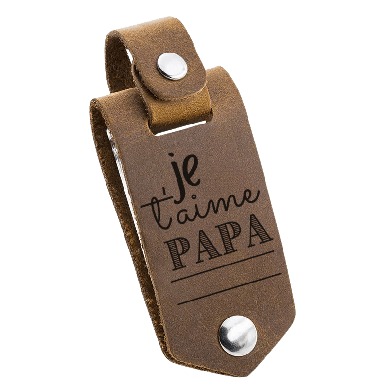 Porte clé photo personnalisé en cuir gris avec message gravé « je t’aime papa » et espace pour ajouter le prénom.