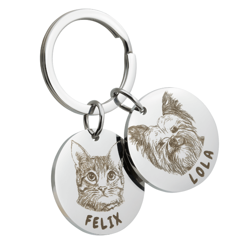 Porte-clés Double médailles pour Animaux -  Ajoutez la Photo et le nom de votre Chien ou de votre Chat