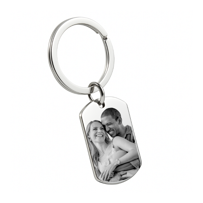 Porte-clés Personnalisé Plaque Militaire Petit – Photo Gravée à l’Avant & Inscription au Dos