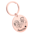 Porte clé personnalisé rond en acier inoxydable or rose, photo de famille transformée en dessin et texte gravé au recto.